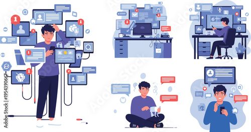 Social media overload concept with people surrounded by notifications messages and digital distractions, online communication stress and technology addiction vector illustration set