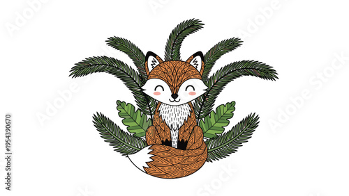 Beautiful stylized fox sitting peacefully in the center of tropical green fern leaves and pine branches with patterns.