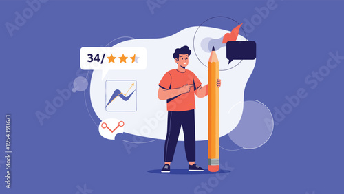 Young man leaning on a giant pencil with positive user ratings and growth charts in the background for creative success.