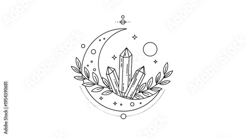 Mystical crescent moon line art design with healing crystals stars and leafy branches for spiritual and magic concepts.