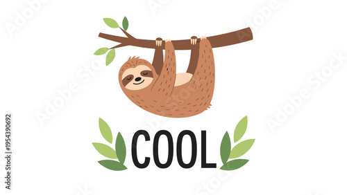 Funny sloth hanging lazily from a tree branch with green leaves and the word cool written in bold black text below it.