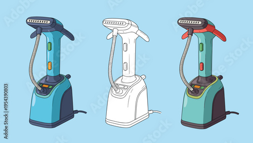 Set of professional garment steamers in blue white and green colors for clothing maintenance and laundry service themes.