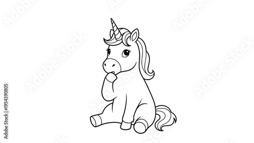 Adorable small unicorn sitting in profile view for children coloring books or fairytale character design projects.
