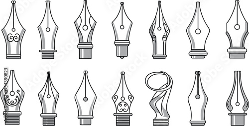 Decorative fountain pen nibs collection with ornate ink tips vintage line art vector illustration