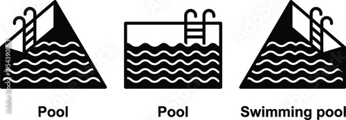 Swimming pool icon collection vector illustration with water waves ladder symbols black silhouette signs for leisure recreation and facility design elements
