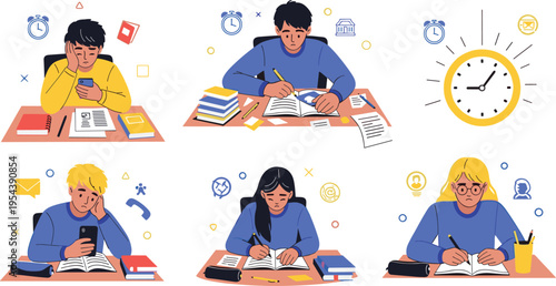 Students studying and preparing for exams with books notes and time pressure, education stress and concentration concept vector illustration set