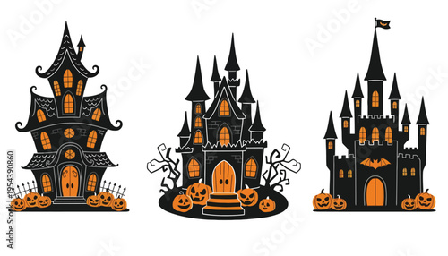 A spooky black castle icon set with orange glowing windows and pumpkins