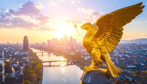 Wallpaper Mural Aerial view of a city skyline at sunset, golden eagle statue in the foreground. River and bridges, colorful sky Torontodigital.ca