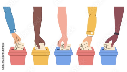 Voting box illustration with diverse hands inserting ballots