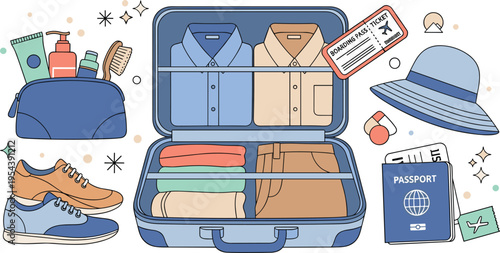 Travel packing concept with suitcase clothes passport tickets and accessories, vacation preparation and luggage organization vector illustration set