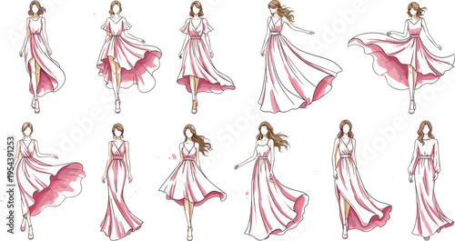 Elegant pink flowing dresses collection with fashion runway gowns feminine outfit sketches vector illustration