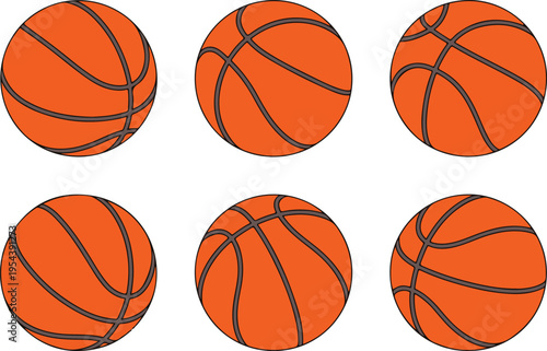 Six orange basketballs isolated on transparent background, sports equipment, game balls, round, athletic, recreation, tournament, competition