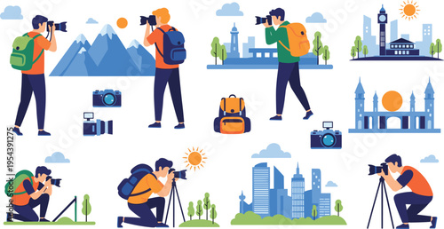 Travel photography set with photographers capturing landscapes landmarks and city views, tourism adventure concept with camera gear vector illustration collection