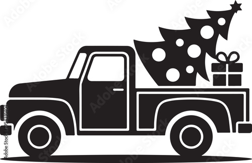 Classic pickup truck silhouette carrying Christmas tree and gift, festive holiday transportation vector illustration