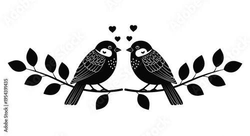 Two Love Birds Perched on Tree Branches with Hearts Silhouette for Romantic Wedding Anniversary Valentine Day and Nature Greeting Cardst