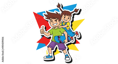 Cartoon Children Playing Together Happy.