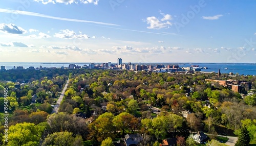 Wallpaper Mural Aerial view of a city skyline, trees, and a lake under a bright blue sky with scattered clouds. Buildings dot the horizon Torontodigital.ca