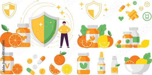 Vitamin supplements and immune protection concept with pills capsules citrus fruits and shield, healthcare nutrition and wellness vector illustration set