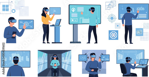Virtual reality technology set with people using VR headsets interacting with digital interfaces and data screens, futuristic innovation and simulation vector illustration collection