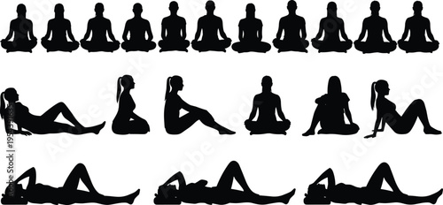 Women Yoga and Meditation Silhouette Collection Featuring Various Poses Like Lotus Position Reclining and Stretching for Wellness Health Fitness and Mindfulness Vector Design Projects