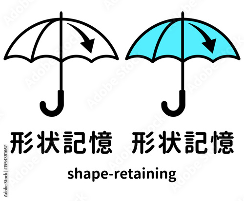 傘の形状記憶機能を説明するアイコンセット 「形状記憶」の日本語と「shape-retaining」の英語テキスト入り 日傘や雨傘の商品説明、Ｅコマースサイト用素材ベクターイラスト