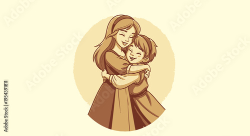 Mother Hugging Daughter Illustration Artwork.