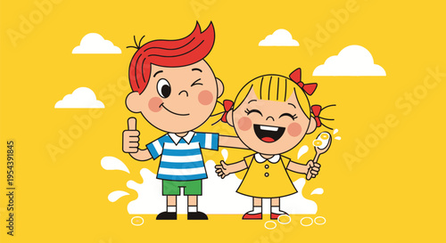 Happy Cartoon Boy and Girl Characters.