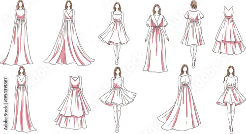 Elegant women pink dress collection with fashion sketches flowing gowns vector illustration