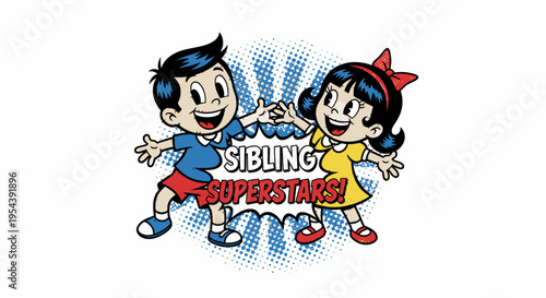 Cartoon boy and girl holding hands together.