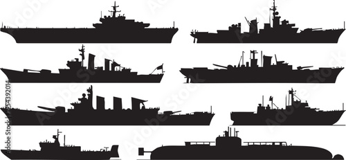 Naval vessel silhouette vector: warships, battleships, submarines, and military ships eps
