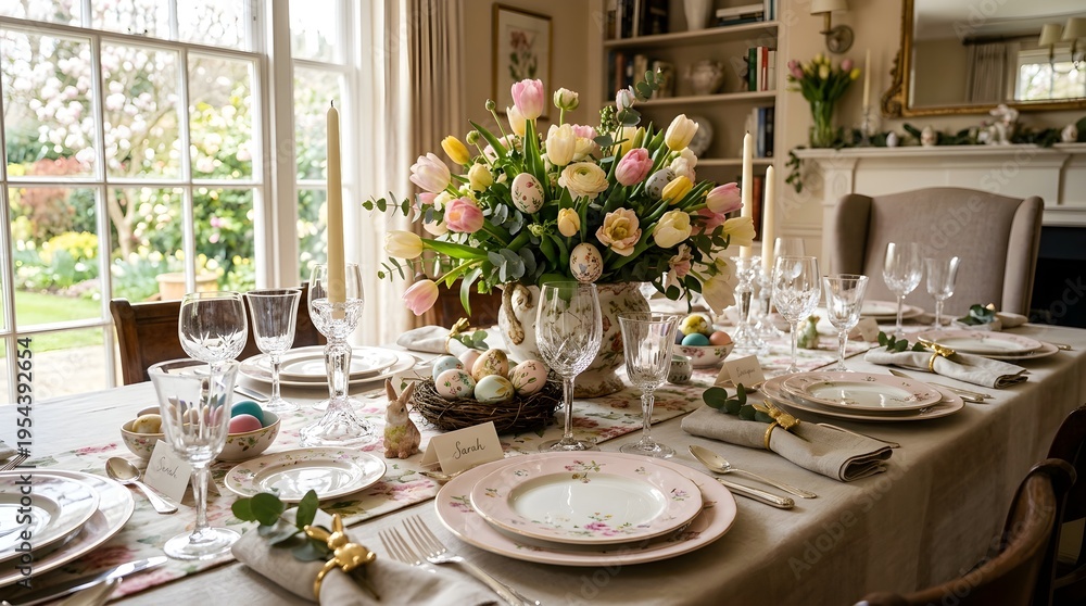 Fototapeta premium Elegant Easter Holiday Table Setting with Floral Centerpiece