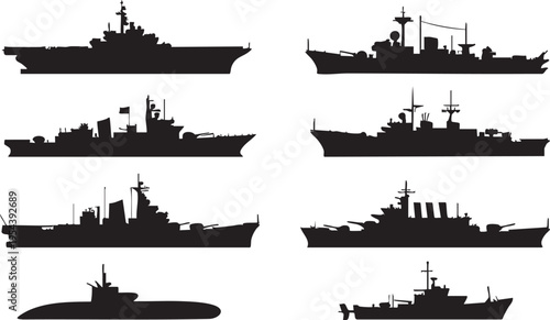 Naval vessels silhouette vector: warships, battleships, aircraft carrier, submarine eps