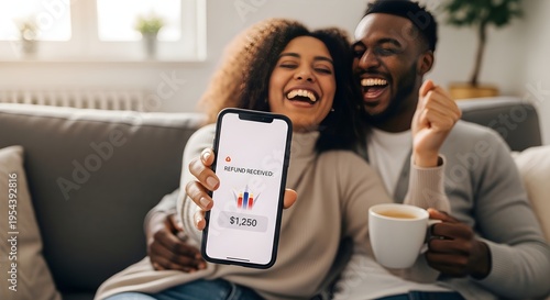 Happy couple celebrating a financial refund on a smartphone at home
