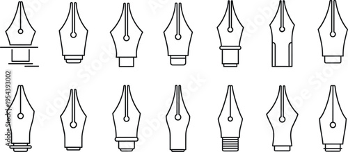 Fountain pen nib outline icons set with ink tips collection minimal line art vector illustration