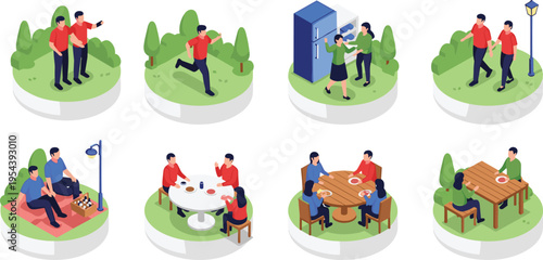 Isometric illustrations of social and recreational activities, including dining, walking, jogging, playing chess, selfies, and group interactions, emphasizing companionship, leisure, and everyday