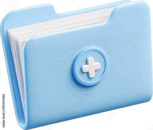 3d blue medical folder with plus icon isolated on transparent background.