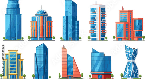 Modern illustration of ten stylized skyscrapers and office buildings with diverse architectural designs, symbolizing urban development, city skyline, infrastructure, and creative architectural 