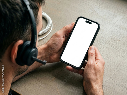Man with Headset Holding Blank Smartphone Mockup