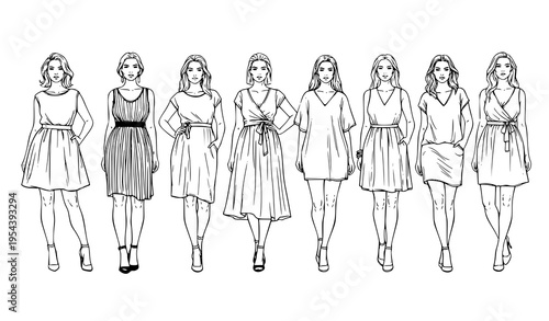 Plus size fashion models ink sketch elegant body positive women black and white vector illustration isolated on white