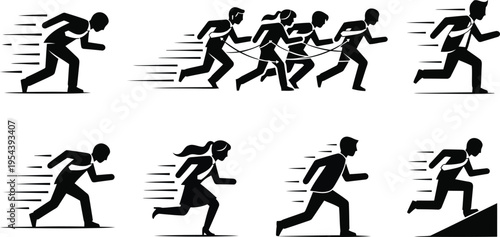 Diverse group of business people running silhouettes representing speed, competition, progress, and teamwork