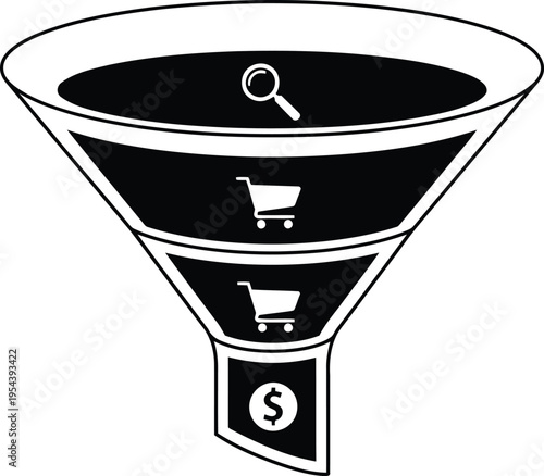 Sales funnel icon with shopping carts, magnifying glass, and dollar sign, shopping cart