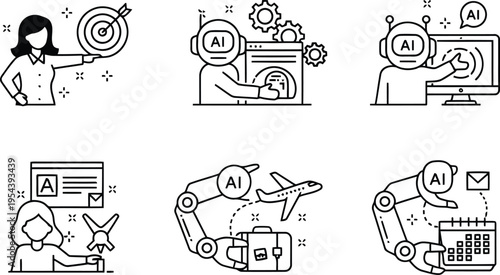 Ai business icons: robot, woman, airplane, calendar, target, email, luggage, artificial intelligence