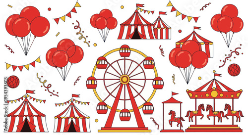 Colorful Carnival Circus Elements: Ferris Wheel, Carousel, Tents, Balloons, Bunting