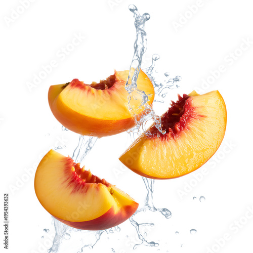 Fresh Peach Slices Splashing in Water