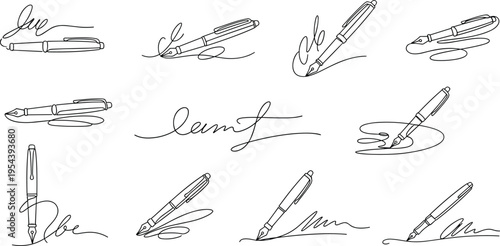 Fountain pen signature collection with elegant handwritten calligraphy strokes and ink lines vector illustration