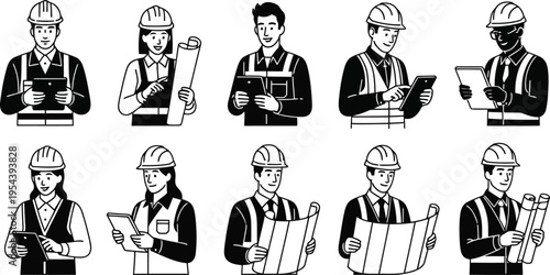 Diverse construction workers, engineers, and supervisors with plans and devices line art set