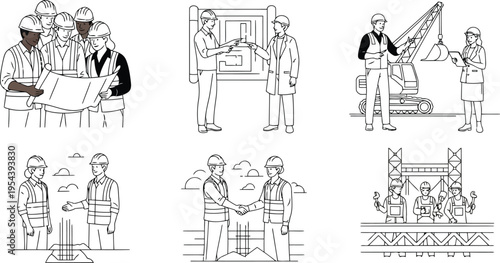 Construction workers teamwork, discussions, and partnership in various industry scenarios line art