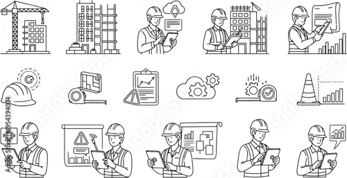 Construction and engineering icon set featuring architects, buildings, and project management