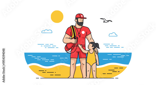 Lifeguard and Child Standing on Beach.