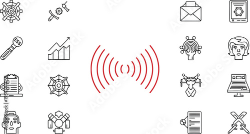 Diverse technology, industry, and communication icons featuring a prominent red signal indicator